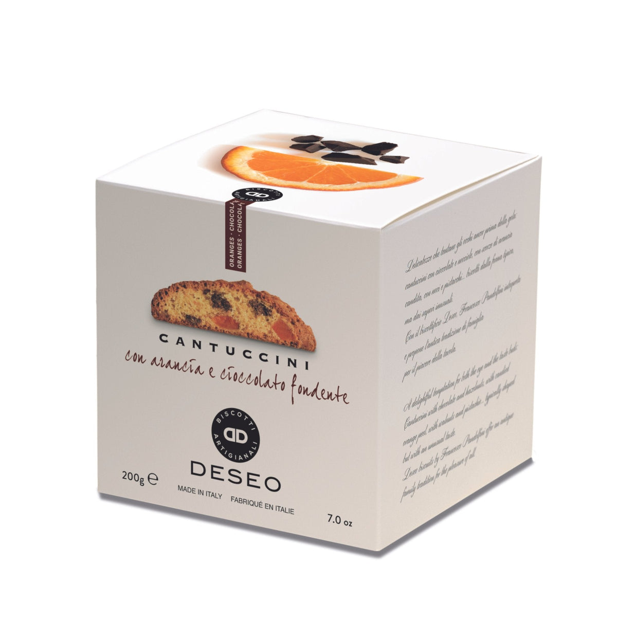 Deseo Cantuccini Toscani with Candied Orange &amp; Dark Chocolate 200g (Box)  | Imported and distributed in the UK by Just Gourmet Foods