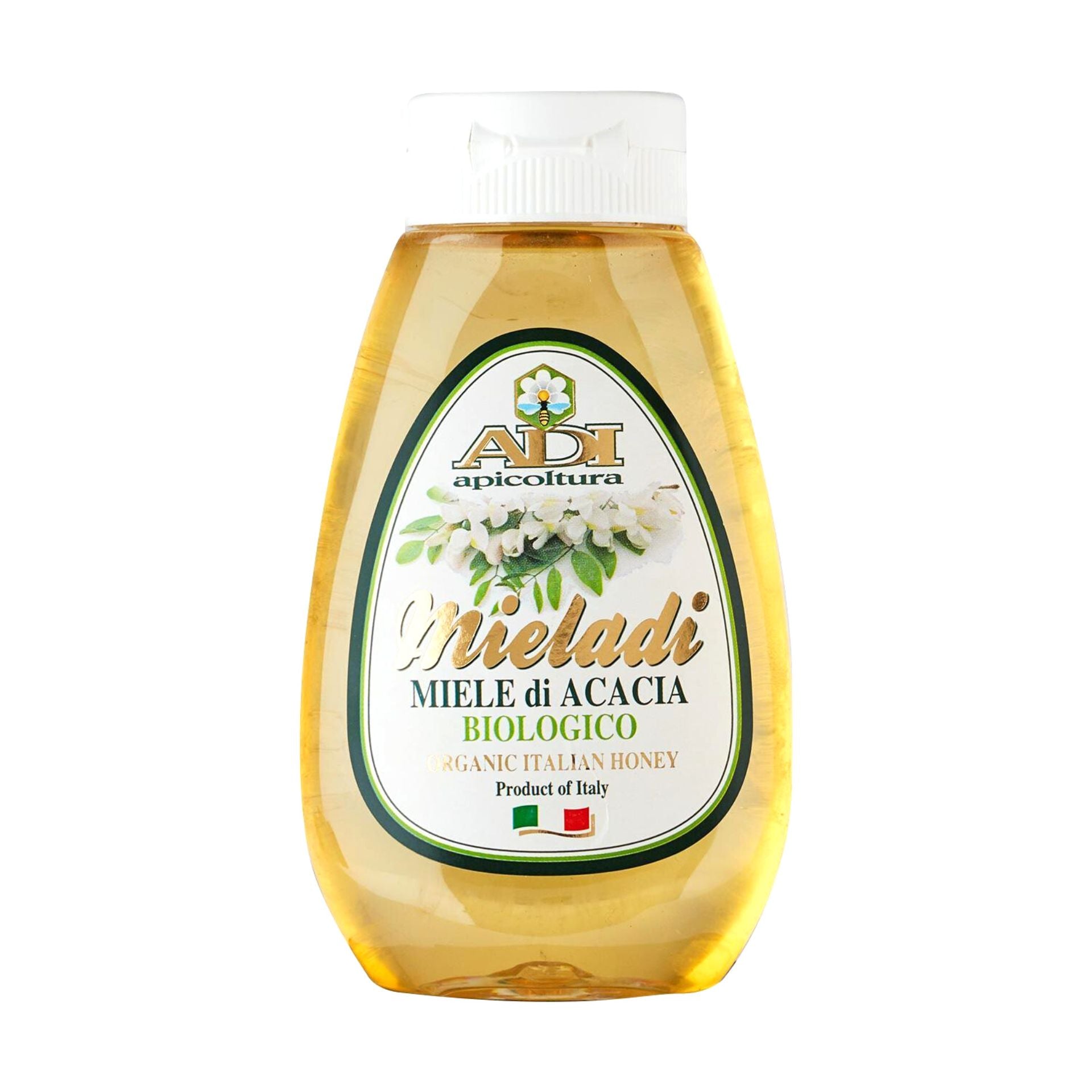Adi Apicoltori Organic Acacia Honey (plastic bottle) 250g  | Imported and distributed in the UK by Just Gourmet Foods