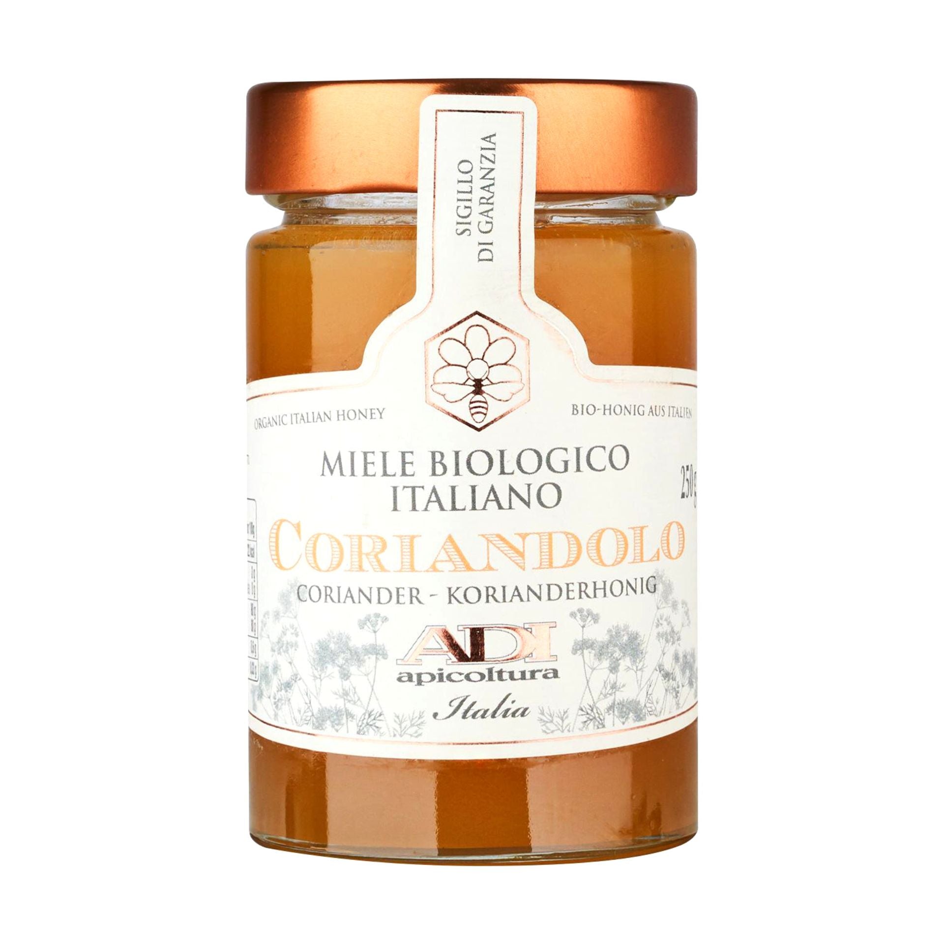 Adi Apicoltori Organic Coriander Honey 250g  | Imported and distributed in the UK by Just Gourmet Foods