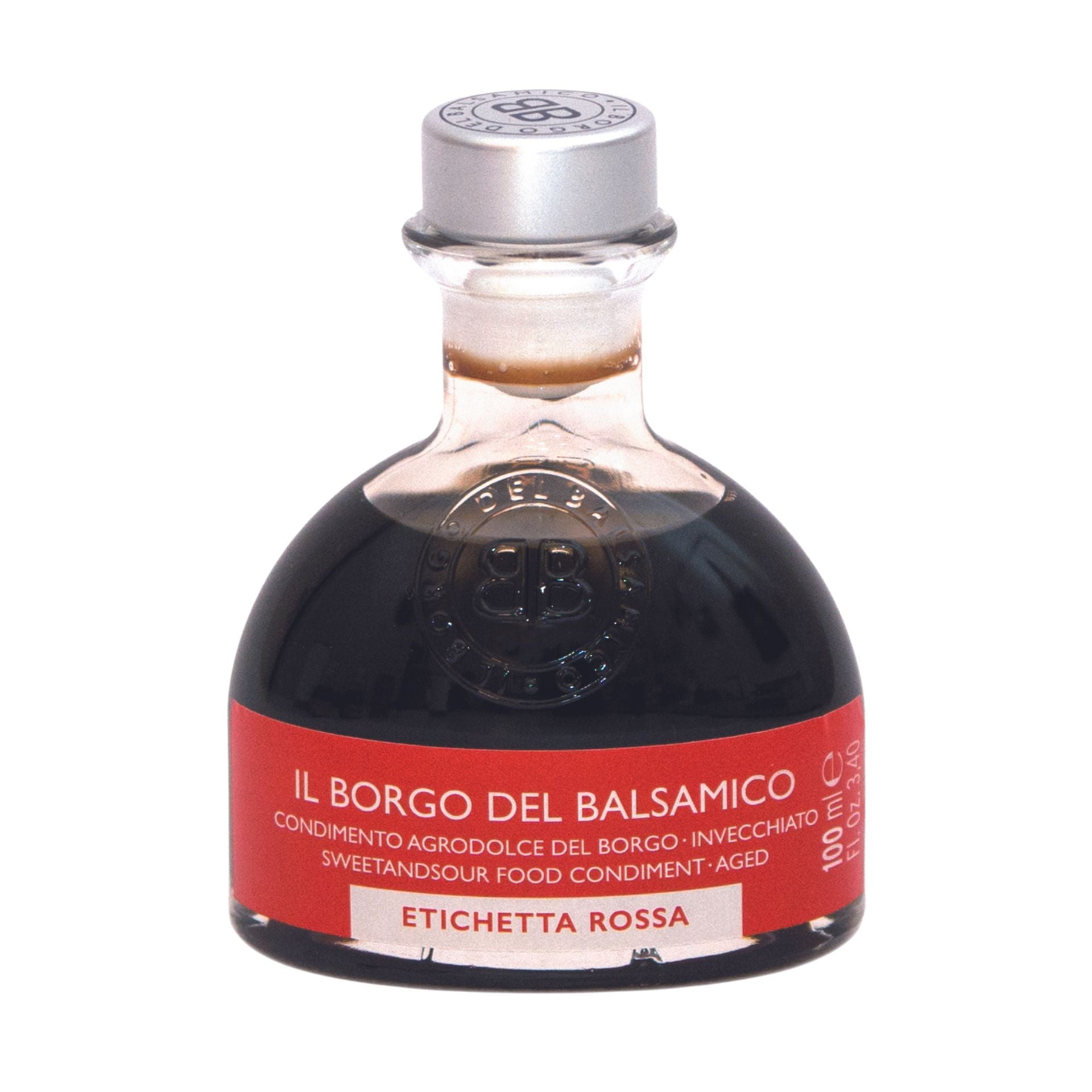 Il Borgo del Balsamico Aged Balsamic Condiment Red Label Low Acidity (Oval bottle without box) 100ml  | Imported and distributed in the UK by Just Gourmet Foods