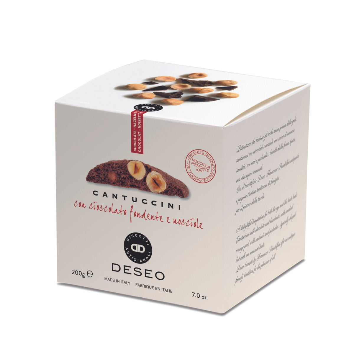 Deseo Cantuccini Toscani with Dark Chocolate &amp; PGI Hazelnuts from Piemonte 200g (Box)  | Imported and distributed in the UK by Just Gourmet Foods