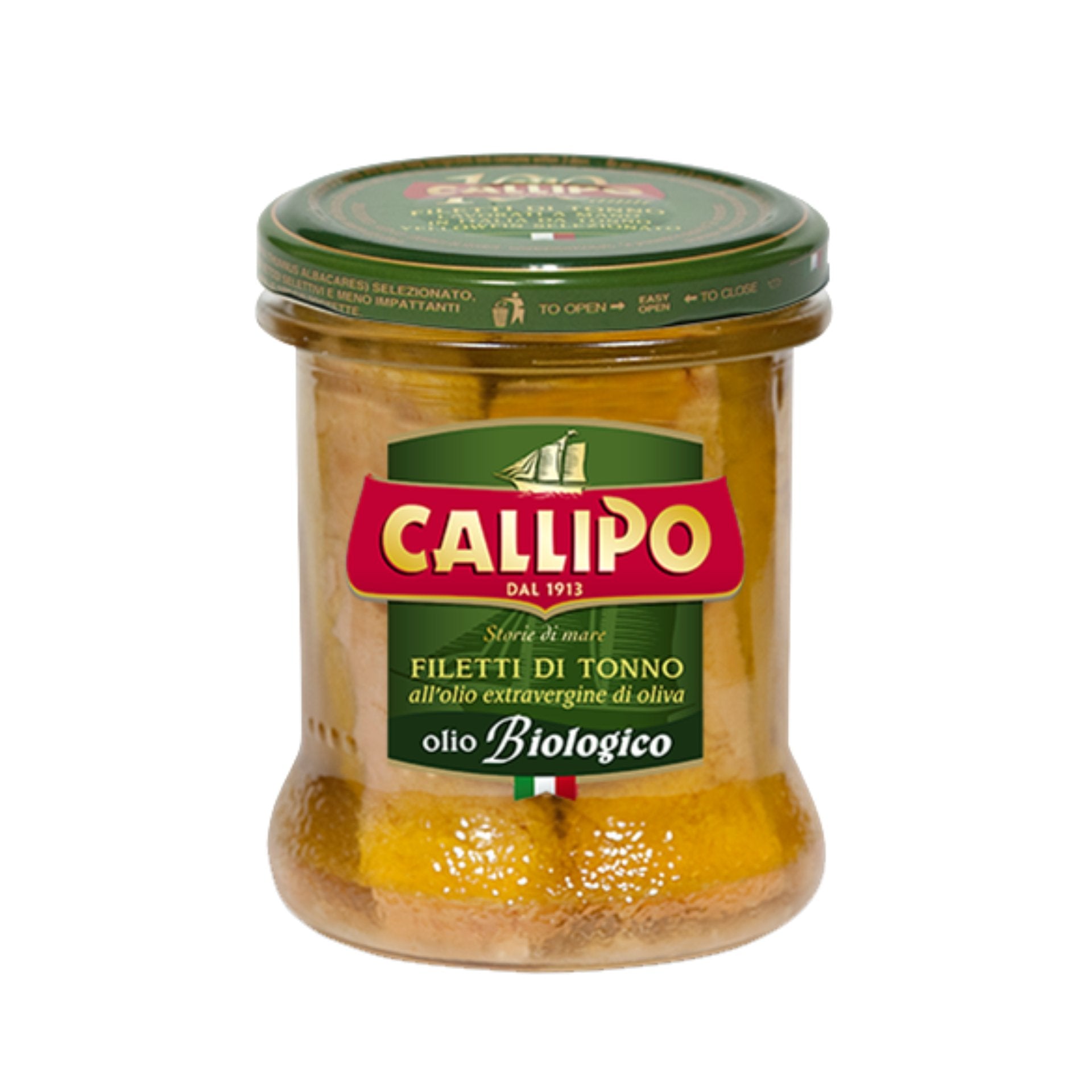 Callipo Hand Packed Yellowfin Tuna Fillets in Organic Olive Oil (Glass Jar) 170g  | Imported and distributed in the UK by Just Gourmet Foods