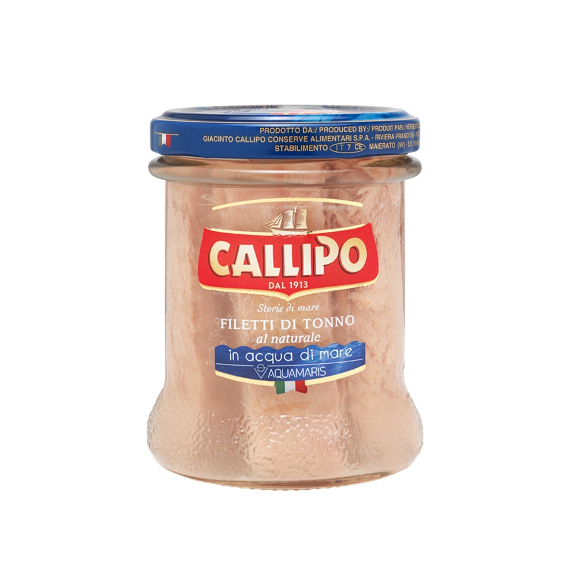 Callipo Hand Packed Yellowfin Tuna Fillets in Seawater 'Aquamaris' (Glass Jar) 170g  | Imported and distributed in the UK by Just Gourmet Foods
