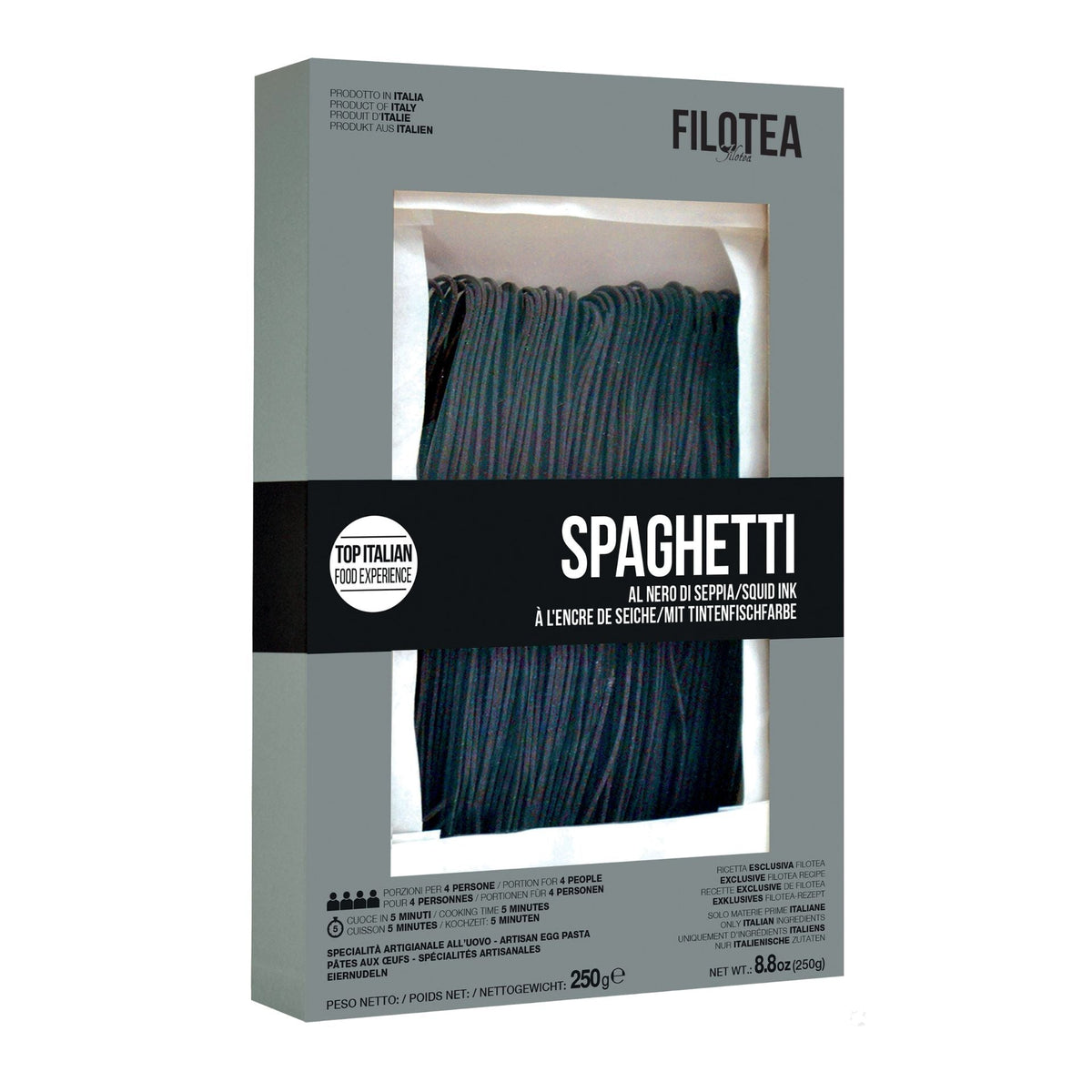 Filotea Squid Ink Spaghetti alla Chitarra Artisan Egg Pasta 250g  | Imported and distributed in the UK by Just Gourmet Foods