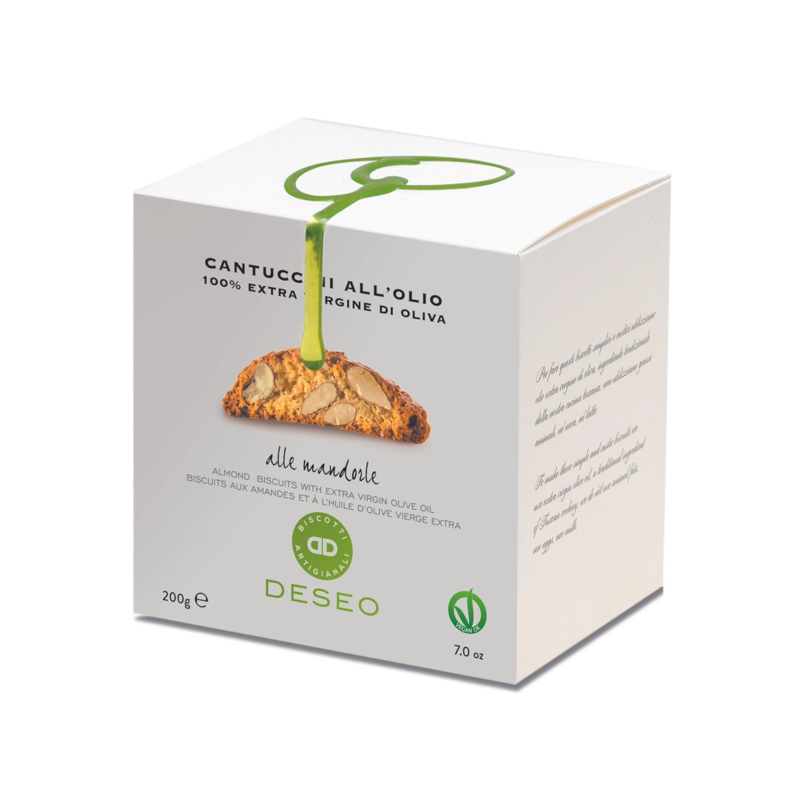Deseo Cantuccini Toscani with Extra Virgin Olive Oil 200g (Box)  | Imported and distributed in the UK by Just Gourmet Foods